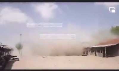 Booby trap IED left behind by al-Shabaab militants explodes during an interview with General Bihi from the SNA at a recently liberated village, January 18 2023. (Credit: @pb.incident.tracker instagram)
