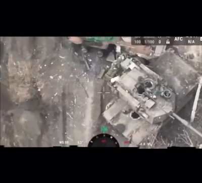 Aerial footage of a drone attack on UA armor. Avdiivka March 2024