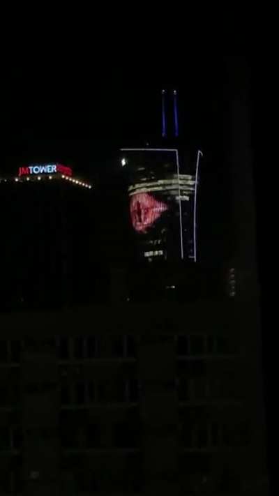 The Eye of Sauron being displayed on the Samsung building in Warsaw