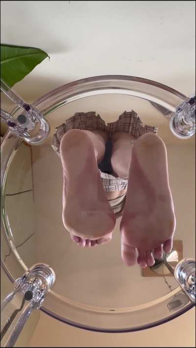 pov from under my chair, skirt up, feet out