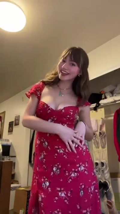 Lauren Donzis in a red dress.