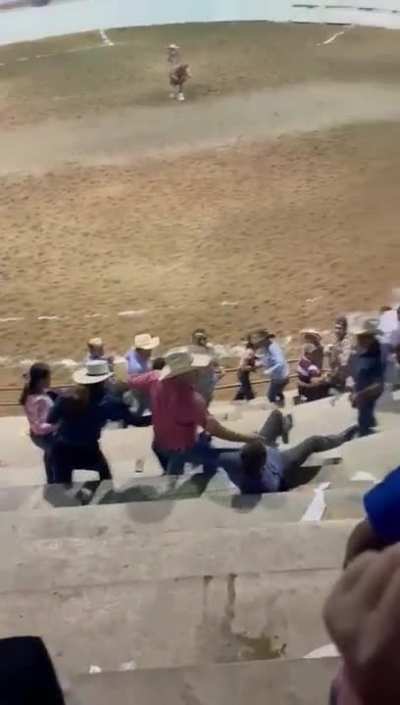 He tried to kick some other guy down the steps only for that guy to maintain balance and himself to bounce down the steps