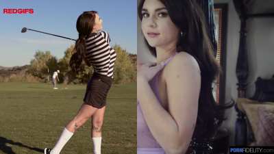Working on her golf swing
