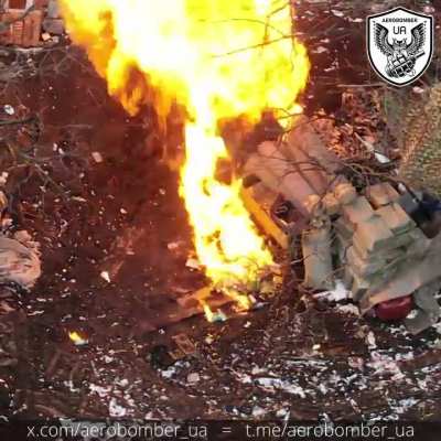 Russian Mines and Equipment are Destroyed by the Drones of the UA 30th Mechanized Brigade. 3 Russian Soldiers Run from the Flames. (Feb 2024)