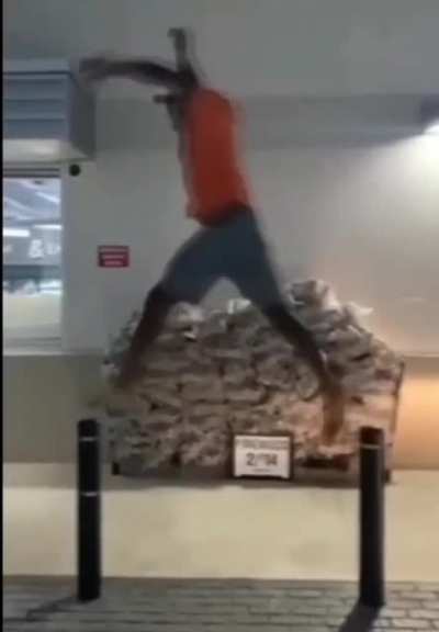 Guy takes a critical hit jumping from one pole to another.