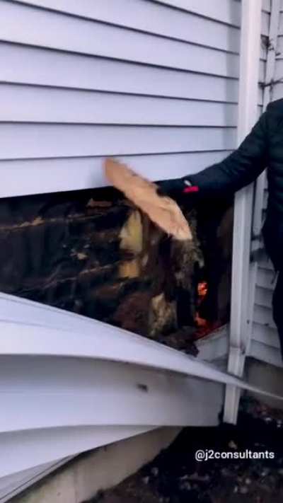 some bubbling was noticed on the interior paint. inspector removed the exterior paneling to reveal *extensive* water damage.