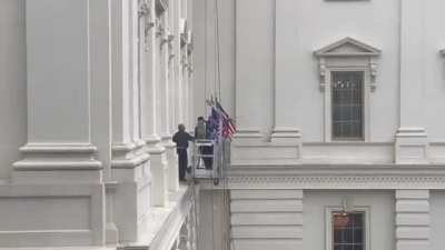 Several people got on to a scaffolding outside Senate, took it to second floor, which looked like the area where McConnell’s office is located, and started banging on windows
