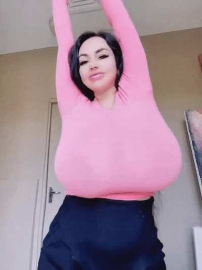 black hair pink top