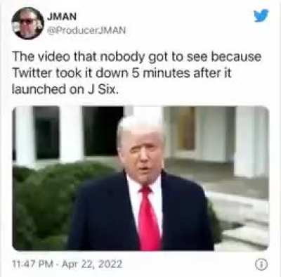 This video of Donald Trump was taken down wthin 5 minutes of being posted on Jan 6. This was a set up. The FBI controlled Twitter and had this peaceful message taken down and then lied that Trump instigated violence. The US Government is the epitome of co
