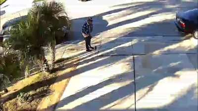 Woman pauses to blast excrement in neighbors driveway while on her way to work.