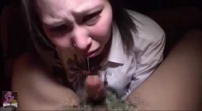 She covers his cock with barf