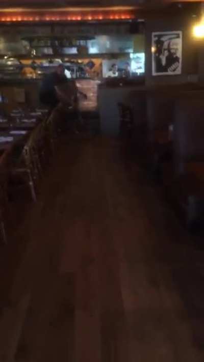 My boss riding his bike in the restaurant