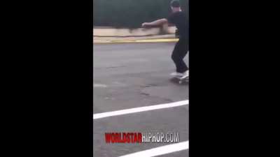 Skater meets traffic.