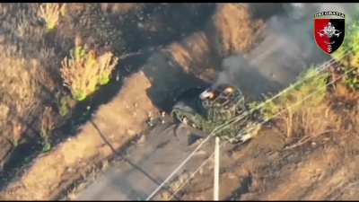 A Ukrainian drone operator spots a Russian T-72B3M firing near Soledar. An FPV pilot disabled the tank with a hit on the engine, after that the Russian crew had to evacuate the vehicle, which was later destroyed by a drone drop through the open hatches an