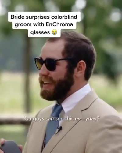 Colorblind groom cries when he sees his bride in color for the first time.