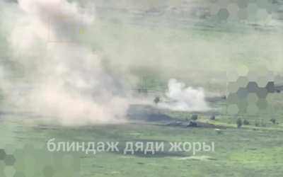 ru pov: Ukrainian armored car getting hit while driving past another destroyed or abandoned Ukrainian vehicle