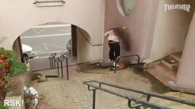 Angry resident chucks pot plants at a pro skater