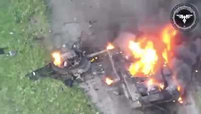 A moving Russian tank is destroyed after being hit by a Ukrainian FPV drone (posted by 47th Brigade)