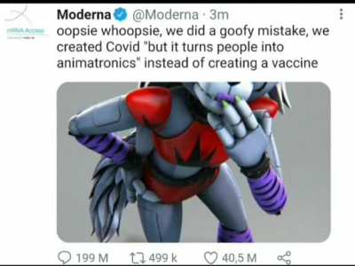 context: in my dream Moderna somehow messed up their COVID-19 vaccine and made a contagious disease that turns people into animatronics