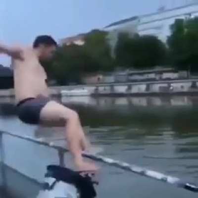 Using a trash can to launch into a river