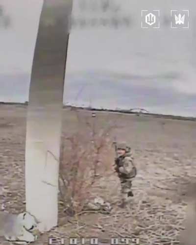 FPV drone chases Russian soldier around telephone pole before exploding. Ukraine's 414th Strike UAV Brigade, published April 1st 2026.