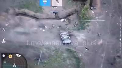Russians attempt to assault a Ukrainian position and get eliminated while disembarking their APC [Location and date unknown]