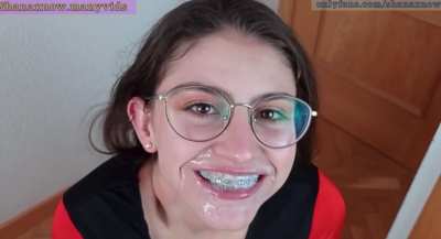 Amateur BWC Blowjob Braces Cumshot Facial Petite