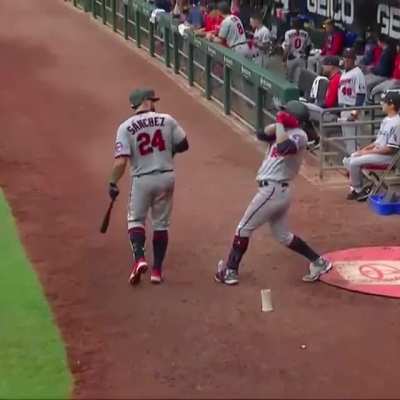 Gary Sanchez for some reason walks into the path of the on deck hitter swinging a bat, nearly pays the price