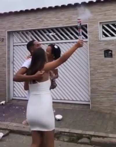 Woman stays too close to the gender reveal soccer ball