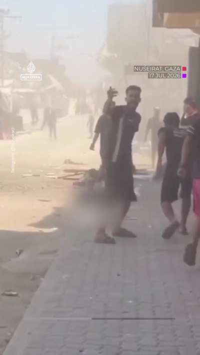 Video shows the immediate aftermath of an Israeli strike in Nuseirat in central Gaza that killed several people.