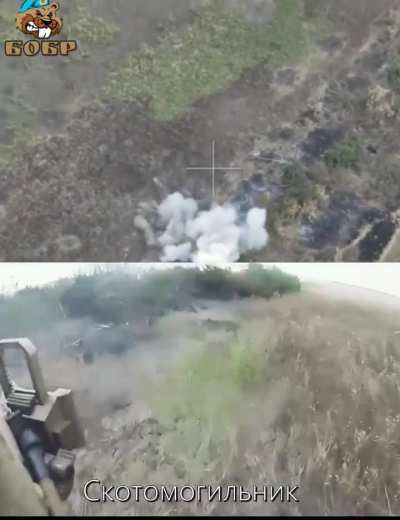 Dual POV footage of a group of Ukranian soldiers being targeted by a Russian FPV drone (archival footage from the 2023 counter offensive)