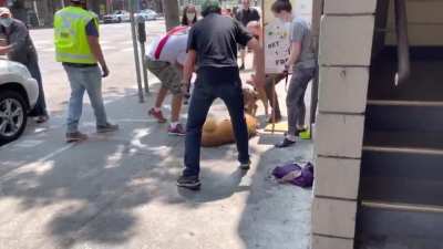 One dog viciously attacks another as it walks by. Several bystanders struggle to stop the attack.