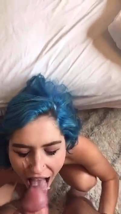 Blue Haired Babe Makes Him Blow