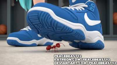 Now here’s Hatsune Miku stepping on an ant under her basketball sneaker, I’m now taking commissions. I also have sneaker and boot crush clips with women, so DM me if you’re interested.