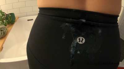 Jerking him off from behind so he can CUM all over these Lululemon Yoga pants