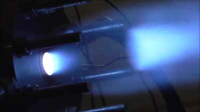 Close-up look on the combustion exhaust flame at the nozzle exit