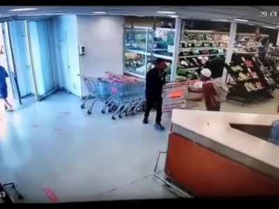 Thief caught stealing is knocked out by coke bottle thrown by worker.
