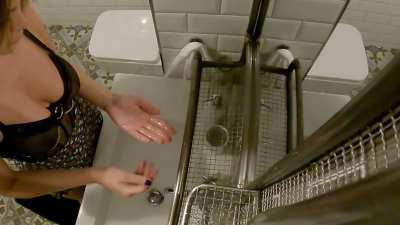 All natural big tits hot wife in the bathroom in a super hot cut miniskirt with and without bra plus with a thong under her skirt and then no panties at all * taken from www.nopanties.tv