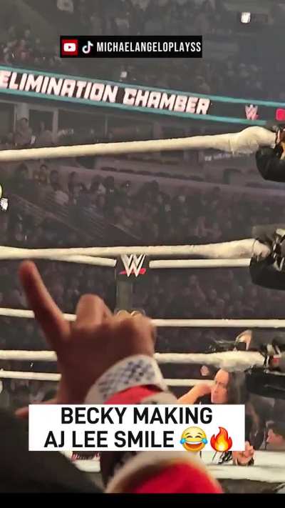 Alternative shot of Becky Lynch doing AJ Lee’s pose on the ropes