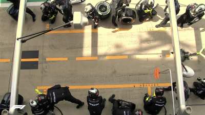 Bird's-eye view of Mercedes' double stack at the British GP