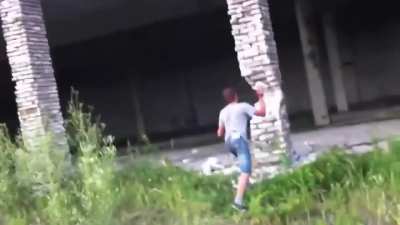 Guy causes the building to fall!