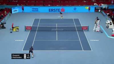 Medvedev‘s underarm serve leads to a let. Then hilariously follows up with an underarm fake [0:49]