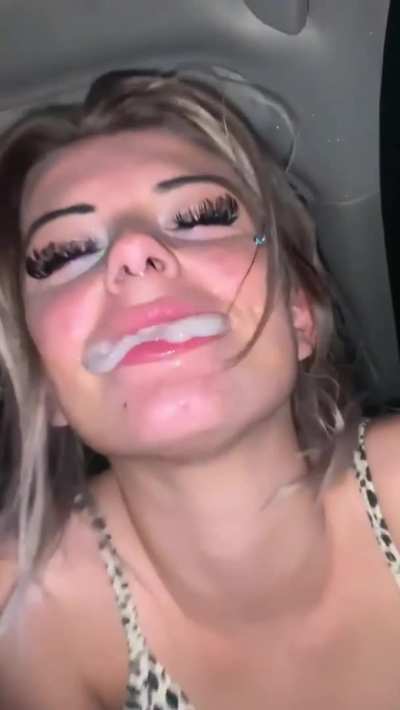 Imagine that your sister comes home with her boyfriend's big load in her mouth and plays with it like this in front of you, what will you do
