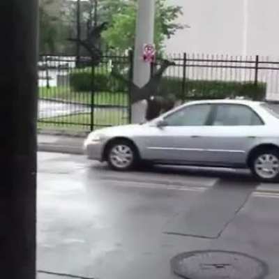 Dumbass tries to skate through a road lucky the car noticed him 