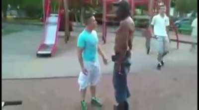Big bully gets taught a lesson by smaller victim.