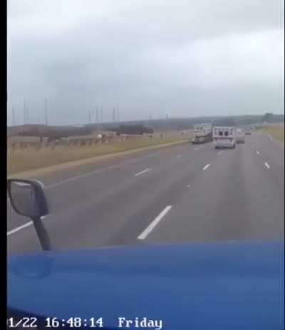 The trucker for not making sure his load is secure at all times