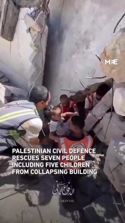 Palestinian Civil Defence crews in Gaza rescued seven Palestinians, including five children, who became trapped after the partial collapse of a building previously damaged by Israeli attacks.