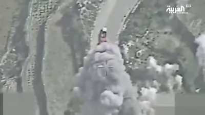 An old video shows the Saudi Air Force bombing a vehicle carrying Houthis and speeding down the road. It was bombed, then burned and continued on its way to fall from a mountain in Yemen - Saada