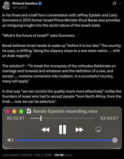 In 2013 Larry Summers, Ehud Barak, & Epstein lament Israel's demography. Summers complains about 'Arab & Orthodox' procreation. Barak proposes changing who is a Jew, accepting mass conversion in order to 'control quality' - in contrast, he says, t