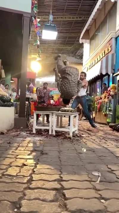 A stuntman on the set for an advertisement in India